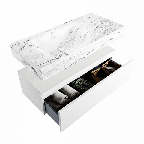 Mondiaz ALAN-DLUX Ensemble de meuble - 100cm - meuble Talc mat - 1 tiroir - Lavabo Cloud Glace suspendu - vasque Gauche - 0 trous de robinet SW804895