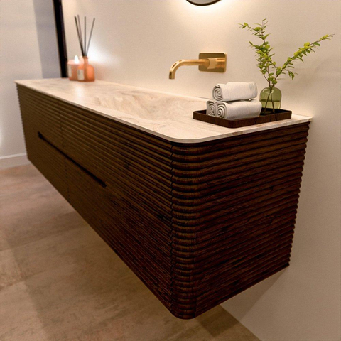 Mondiaz CIRO-DLUX Badkamermeubelset - 180x45x50cm - Solid surface wastafel Frappe - 1 wasbak Rechts - zonder kraangaten - 4 lades - Walnut SW1530221