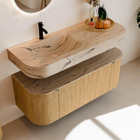 MONDIAZ THOR-DLUX Meuble de salle de bains 120cm arrondi gauche + droite couleur Oak avec 1 tiroir et 2 portes. Vasque suspendue CLOUD Gauche 1 trou de robinet couleur Arena. SW1463400