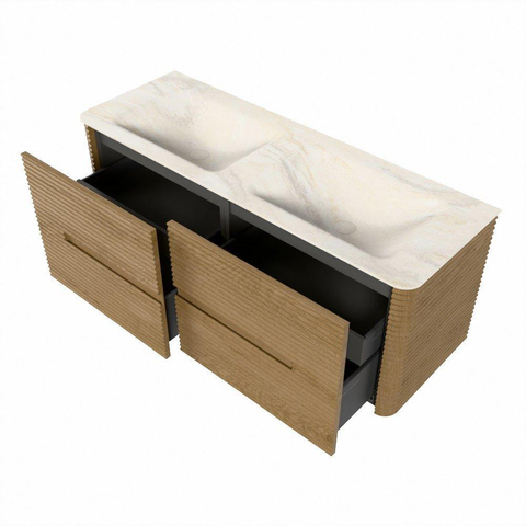Mondiaz CIRO-DLUX Badkamermeubelset - 130x45x50cm - Solid surface wastafel Ostra - 2 wasbak Dubbel - zonder kraangaten - 4 lades - Oak SW1530958