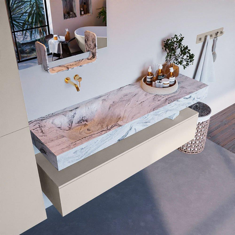 Mondiaz ALAN-DLUX Ensemble de meuble - 150cm - meuble Linen mat - 1 tiroir - Lavabo Cloud Glace suspendu - vasque Gauche - 0 trous de robinet SW806000