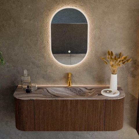 MONDIAZ KURVE-DLUX 130cm badmeubel ronding Links + Rechts kleur Walnut met 1 lade en 2 deuren. Wastafel BIG SMALL Midden 1 kraangat Sombra. SW1433654