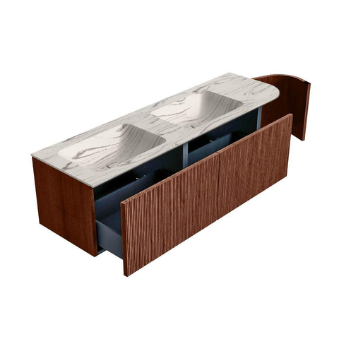 MONDIAZ KURVE-DLUX 155cm badmeubel ronding Rechts kleur Ruby met 2 lades en 1 deur. Wastafel LEAF Dubbel / Links zonder kraangat Nata. SW1432579