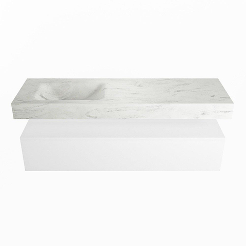 Mondiaz ALAN-DLUX Ensemble de meuble - 150cm - meuble Talc mat - 1 tiroir - Lavabo Cloud Opalo suspendu - vasque Gauche - 0 trous de robinet SW806225