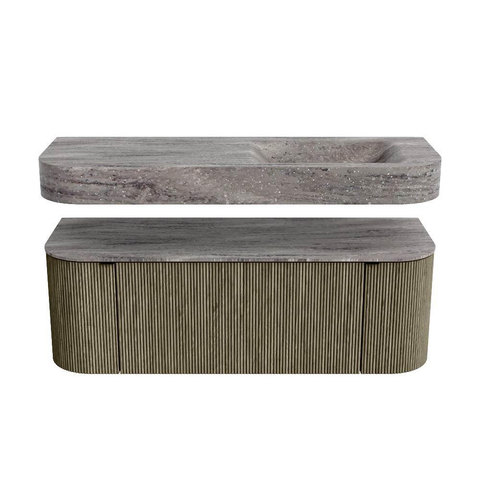 MONDIAZ THOR-DLUX 130cm meuble de salle de bains arrondi gauche + droite couleur Shadow avec 1 tiroir et 2 portes. Vasque suspendue CLOUD Droite 1 trou de robinet couleur Oza. SW1463991