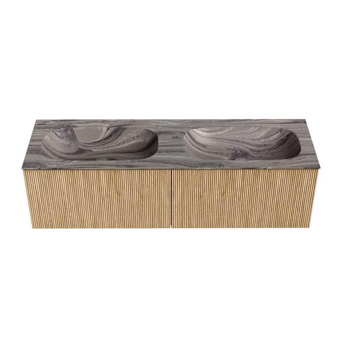 MONDIAZ KURVE-DLUX Meuble de salle de bains 150cm couleur Oak avec 2 tiroirs et 0 portes. Lavabo STOR SMALL Double 2 trous de robinet Sombra. SW1433617