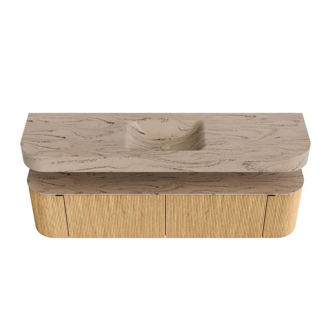 MONDIAZ THOR-DLUX 180cm badmeubel ronding links + rechts kleur Oak met 2 lades en 2 deuren. Vrijhangende wastafel CLOUD Midden 1 kraangat kleur Arena. SW1466104