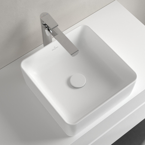 Villeroy & Boch Collaro opzetwastafel vierkant - 38x38cm - zonder overloop - zonder kraangat CeramicPlus - Stone White (mat wit) SW336078