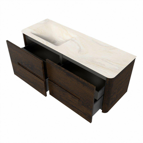 Mondiaz CIRO-DLUX Badkamermeubelset - 130x45x50cm - Solid surface wastafel Ostra - 1 wasbak Links - 1 kraangat - 4 lades - Walnut SW1530350