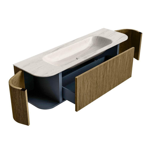 MONDIAZ KURVE-DLUX meuble de salle de bains 150 cm arrondi gauche + droite couleur Dusk avec 1 tiroir et 2 portes. Lavabo BIG MEDIUM central 1 trou de robinet Meli. SW1431905