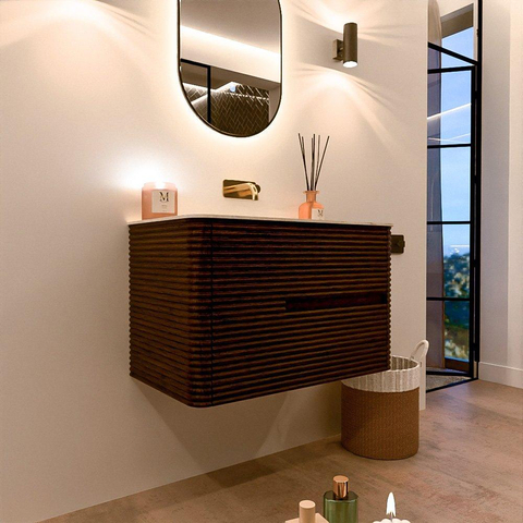 Mondiaz CIRO-DLUX Badkamermeubelset - 80x45x50cm - Solid surface wastafel Ostra - 1 wasbak Midden - zonder kraangaten - 2 lades - Walnut SW1530340