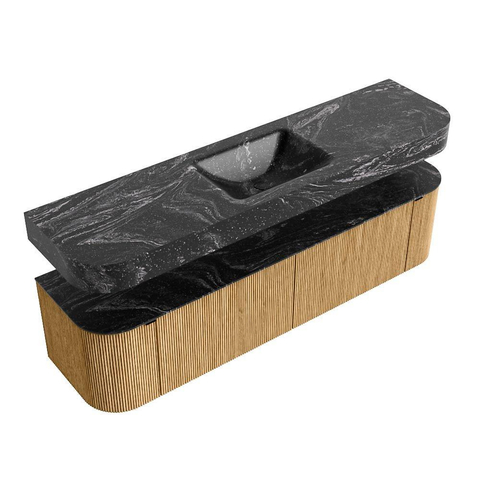 MONDIAZ THOR-DLUX 180cm meuble de salle de bains arrondi gauche + droite couleur Oak avec 2 tiroirs et 2 portes. Vasque suspendue CLOUD Milieu 1 trou de robinet couleur Lava. SW1465891