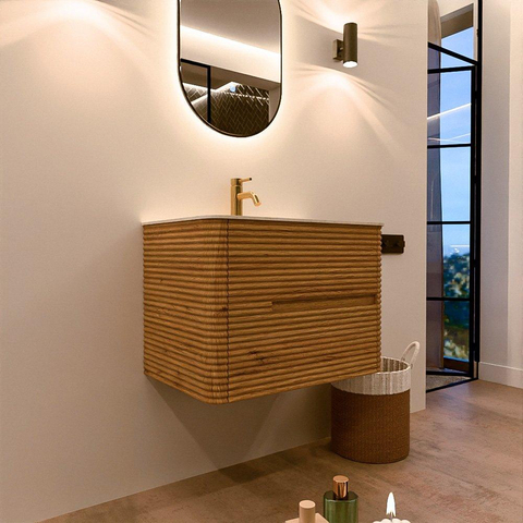 Mondiaz CIRO-DLUX Ensemble de meubles de salle de bains - 70x45x50cm - Plan vasque solid surface Ostra - 1 vasque centrale - 1 trou de robinetterie - 2 tiroirs - Chêne SW1531044