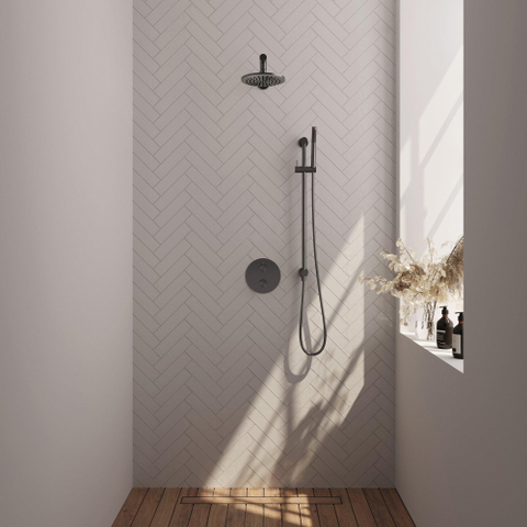 BRAUER Gunmetal Carving thermostatische Inbouw Regendouche - 3-weg - rond - set 85 - 20cm hoofddouche - rechte muurarm - staaf handdouche - doucheslang - geïntegreerde glijstang - gunmetal geborsteld PVD SW1159147