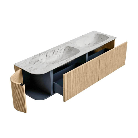 MONDIAZ KURVE-DLUX meuble de salle de bains 165 cm avec module 25 L couleur Chêne avec 2 tiroirs et 1 porte. Lavabo STOR SMALL double / à droite sans trou de robinet couleur Glace. SW1138003