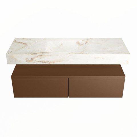 Mondiaz ALAN-DLUX Ensemble de meuble - 130cm - meuble Rust mat - 2 tiroirs - Lavabo Cloud Frappe suspendu - vasque Centre - 0 trous de robinet SW804934