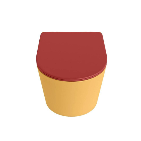 Mondiaz LAVIE hangtoilet – spoelrandloos – 36 x 53 cm – met softclose zitting – Ocher (geel), zitting Fire (rood) SW1208620