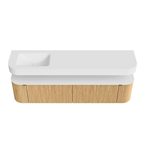 MONDIAZ THOR 190cm meuble de salle de bains arrondi gauche + droite couleur Oak avec 2 tiroirs et 2 portes. Vasque suspendue CLOUD gauche 1 trou de robinet couleur Talc. SW1466359