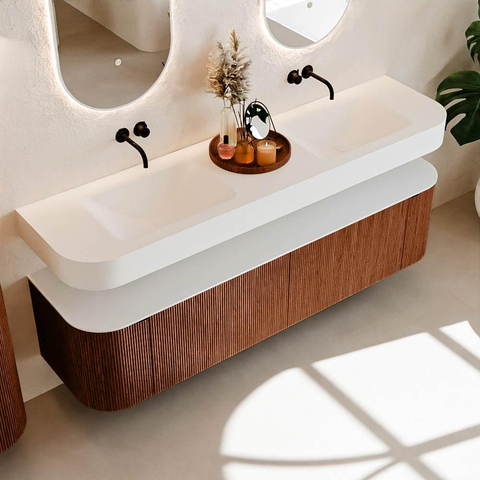 MONDIAZ THOR Meuble de salle de bains 180cm arrondi gauche + droite couleur Ruby avec 2 tiroirs et 2 portes. Vasque suspendue CLOUD Double sans trou de robinet couleur Talc. SW1466020