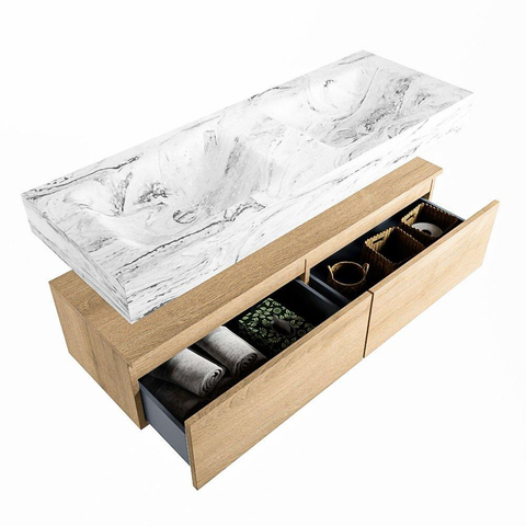 Mondiaz ALAN-DLUX Ensemble de meuble - 130cm - meuble Washed Oak mat - 2 tiroirs - Lavabo Cloud Glace suspendu - vasque Gauche et droite - 0 trous de robinet SW808833