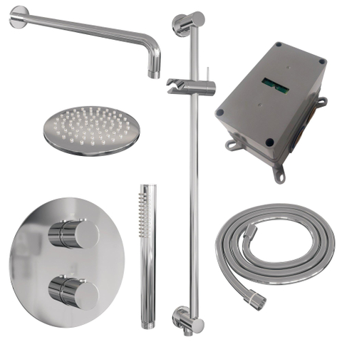 BRAUER Chrome Edition thermostatische Inbouw Regendouche - 3-weg - rond - set 87 - 20cm hoofddouche - gebogen muurarm - staaf handdouche - doucheslang - geïntegreerde glijstang - chroom SW1158982
