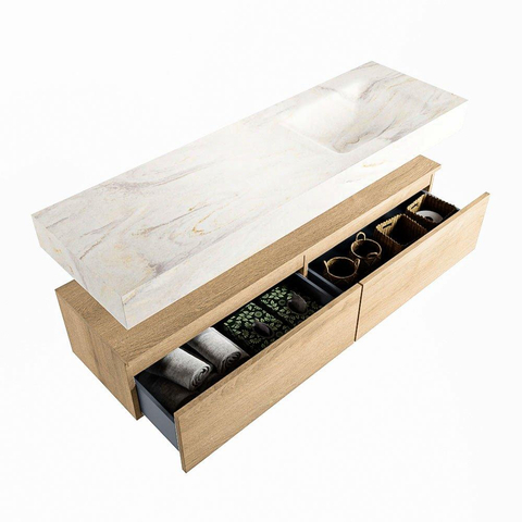 MONDIAZ ALAN - DLUX Badkamermeubelset - 150cm - onderkast - Washed Oak - 2 lades - vrijhangende wastafel - wasbak rechts - 0 kraangaten - Ostra SW808972