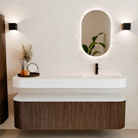 MONDIAZ THOR 160cm badmeubel ronding links + rechts kleur Walnut met 1 lade en 2 deuren. Vrijhangende wastafel CLOUD Rechts 1 kraangat kleur Talc. SW1465019