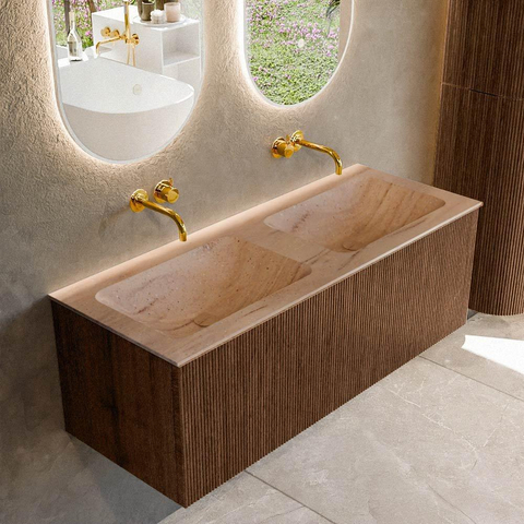 MONDIAZ KURVE-DLUX Meuble de salle de bains 120 cm couleur Walnut avec 1 tiroir et 0 porte. Lavabo LEAF Double sans trou de robinet Saba. SW1433196