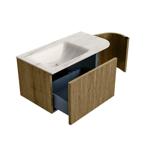 MONDIAZ KURVE-DLUX meuble de salle de bains 85cm courbure droite couleur Dusk avec 1 tiroir et 1 porte. Lavabo CLOUD gauche 1 trou de robinet Meli. SW1431855