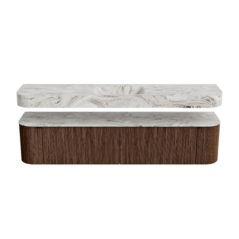 MONDIAZ THOR-DLUX 200cm badmeubel ronding links + rechts kleur Walnut met 2 lades en 2 deuren. Vrijhangende wastafel CLOUD Midden 1 kraangat kleur Glace. SW1466980