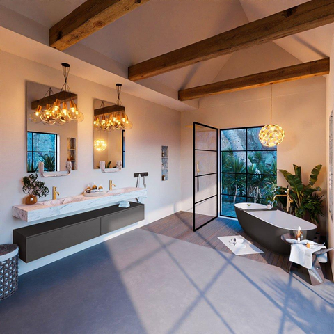 Mondiaz ALAN-DLUX Ensemble de meuble - 200cm - meuble Dark grey mat - 2 tiroirs - Lavabo Cloud Glace suspendu - vasque Gauche et droite - 2 trous de robinet SW804859