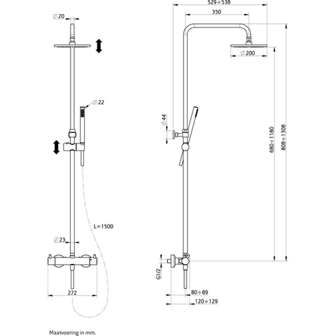 Xenz Duero regendoucheset - 20cm - rond - opbouw - thermostatisch - met glijstang - chroom SW104709