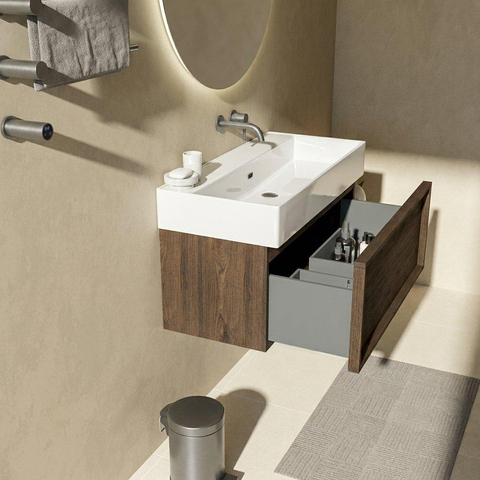 Saniclass Holz Frame Ensemble de meubles de salle de bains - 100x45x52cm - Legend lavabo en céramique blanc - 1 vasque - sans trou de robinetterie - 1 tiroir - chêne charcoal mat (bois) SW1478482