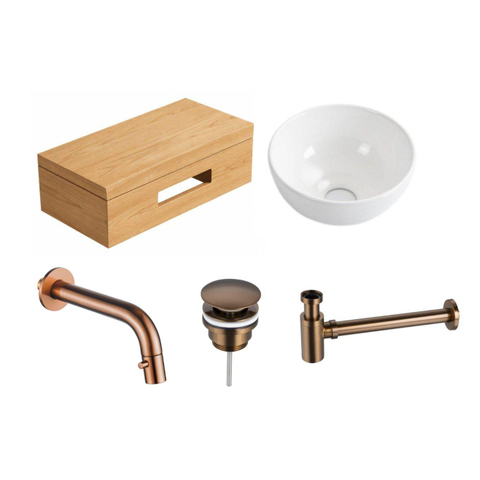 Royal Plaza Terra tablette pour lave-mains - 40x25x10 cm - avec porte-serviettes - vasque blanc brillant - robinet de lave-mains cuivre - bonde d’évacuation - siphon - sandwood (chêne clair) SW1577147