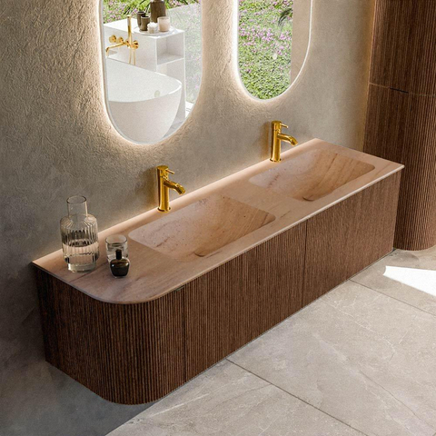 MONDIAZ KURVE-DLUX Meuble de salle de bains 155cm arrondi à gauche couleur Walnut avec 2 tiroirs et 1 porte. Lavabo LEAF Double / Droite 2 trous de robinet Saba. SW1433209