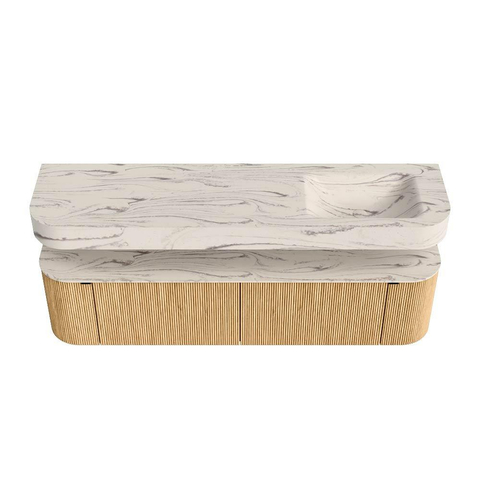 MONDIAZ THOR-DLUX 180cm meuble de salle de bains arrondi gauche + droite couleur Oak avec 2 tiroirs et 2 portes. Vasque suspendue CLOUD Droite 1 trou de robinet couleur Nata. SW1466203