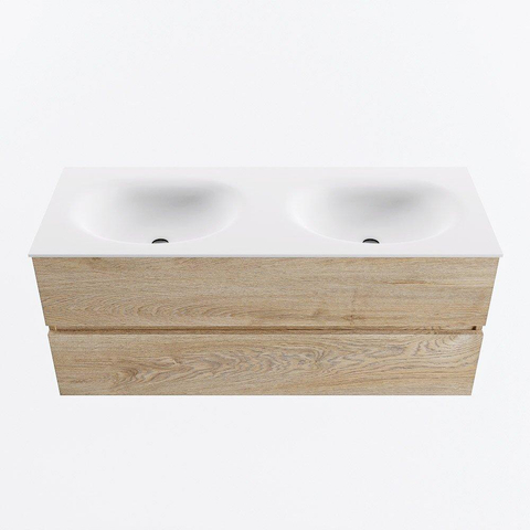 MONDIAZ VICA meuble sous lavabo 120cm Chêne blanchi 2 tiroirs. Lavabo MOON double sans trou de robinet, couleur Talc. SW1381939