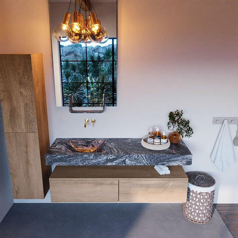 Mondiaz ALAN-DLUX Ensemble de meuble - 150cm - meuble Washed Oak mat - 2 tiroirs - Lavabo Cloud Lava suspendu - vasque Gauche - 0 trous de robinet SW808952