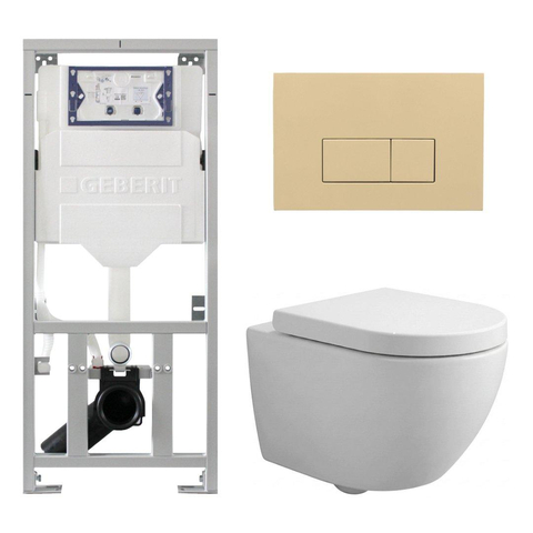 QeramiQ Dely Swirl Compact Toiletset - inbouwreservoir Geberit UP320 - met Burda frame - 25mm zitting - kunststof bedieningsplaat beige - rechthoekige knoppen - mat wit SW1595670