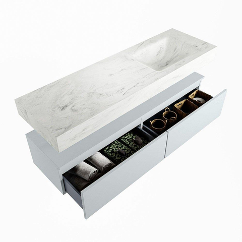 Mondiaz ALAN-DLUX Ensemble de meuble - 150cm - meuble Clay mat - 2 tiroirs - Lavabo Cloud Opalo suspendu - vasque Droite - 0 trous de robinet SW806811