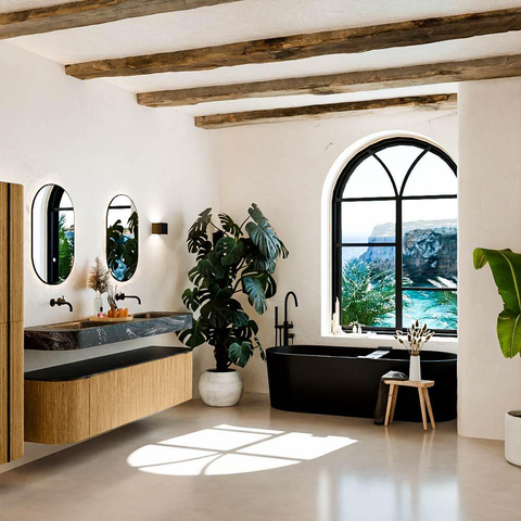 MONDIAZ THOR-DLUX 180cm badmeubel ronding links + rechts kleur Oak met 2 lades en 2 deuren. Vrijhangende wastafel CLOUD Dubbel zonder kraangat kleur Lava. SW1465927