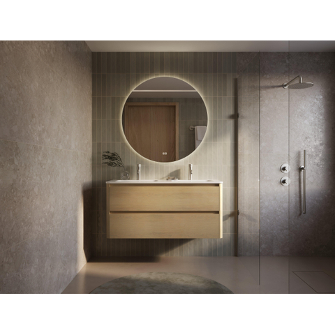Thebalux Sunny Badmeubelset - 122x46x57cm - wastafel - keramiek - 2 kraangaten - glans wit - onderkast - 2 lades - greeploos - houtfineer - Blanc (hout) SW1462532