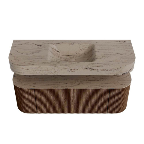 MONDIAZ THOR-DLUX 130cm meuble de salle de bains arrondi gauche + droite couleur Walnut avec 1 tiroir et 2 portes. Vasque suspendue CLOUD Milieu 1 trou de robinet couleur Arena. SW1463769