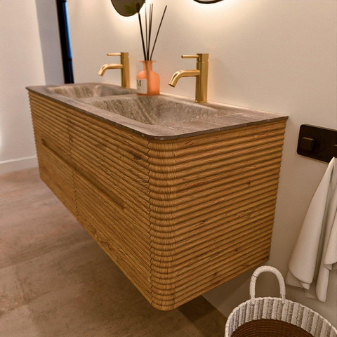 Mondiaz CIRO-DLUX Badkamermeubelset - 130x45x50cm - Solid surface wastafel Oza - 2 wasbak Dubbel - 2 kraangaten - 4 lades - Oak SW1531133