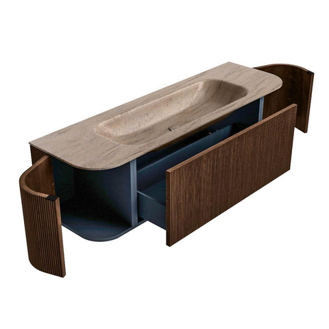 MONDIAZ KURVE-DLUX Meuble de salle de bains 150cm arrondi Gauche + Droite couleur Walnut avec 1 tiroir et 2 portes. Lavabo BIG MEDIUM Central sans trou de robinet Saba. SW1433173