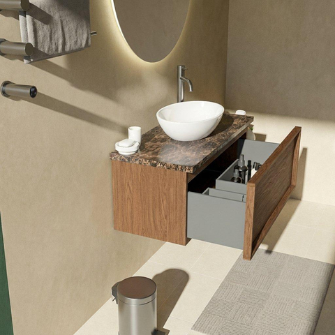 Saniclass Holz Frame Badkamermeubelset - 100x45x43cm - Noche natuurstenen topblad dark emperador - 1 kraangat - 1 lade - mat walnut pure (hout) SW1478288