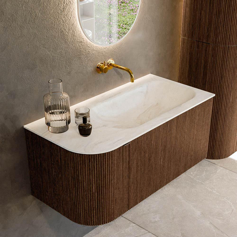 MONDIAZ KURVE-DLUX meuble de salle de bains 95cm avec module 25 L couleur Noyer avec 1 tiroir et 1 porte. Lavabo BIG SMALL à droite sans trou de robinet couleur Ostra. SW1137812