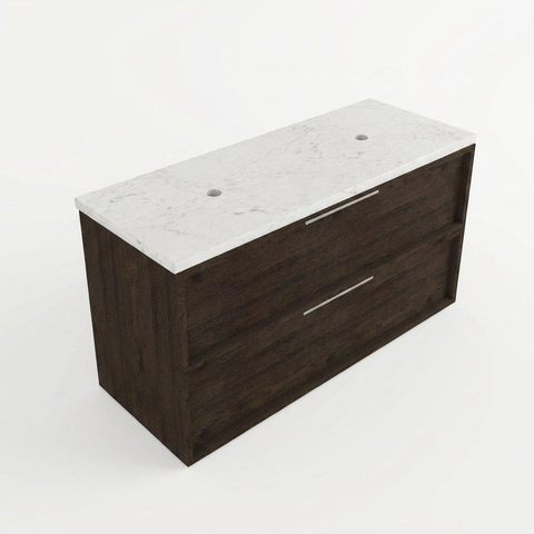 Saniclass Holz Frame Ensemble de meubles de salle de bains - 120x45x63cm - Plan vasque en marbre Dia poli (blanc) - sans trou de robinetterie - 2 tiroirs - chêne charcoal mat (bois) SW1579965
