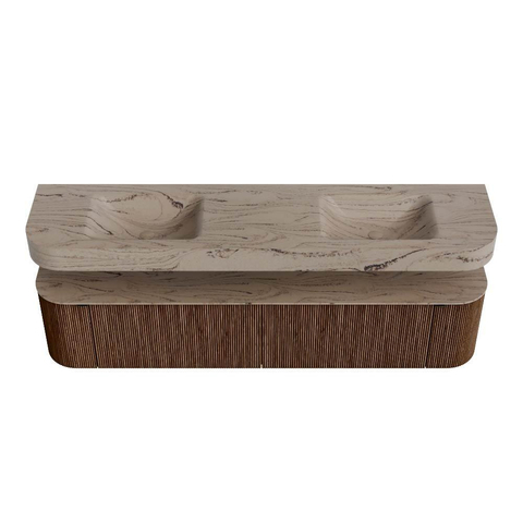 MONDIAZ THOR-DLUX 200cm meuble de salle de bains arrondi gauche + droite couleur Walnut avec 2 tiroirs et 2 portes. Vasque suspendue CLOUD Double sans trou de robinet couleur Arena. SW1467063
