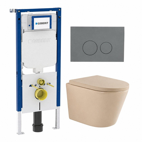 QeramiQ Dely Toiletset - 36.3x51.7cm - diepspoel - rimless - Geberit UP720 inbouwreservoir - softclose toilet zitting - 35mm - bedieningsplaat licht grijs - ronde knoppen - mat beige (wit) SW1427095